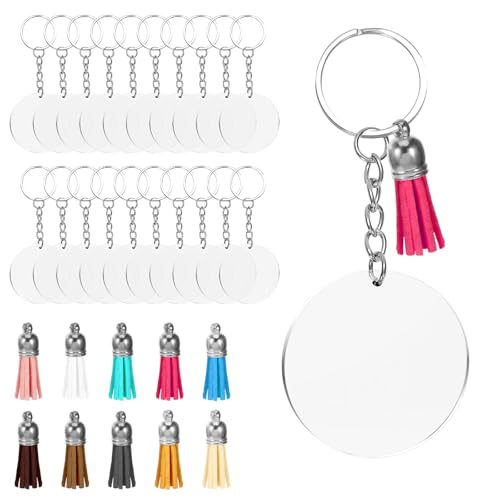Sploziia 30 Sätze Acryl Schlüsselanhänger Rohlinge Set-Schlüsselanhänger Selber Machen, Keychain DIY-Set zum Basteln mit buntem Quastenanhänger und leerem Schlüsselring(Runde) von Sploziia