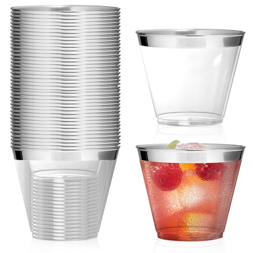 Sporgo 60 Stück Plastikbecher mit Silberrand: 9oz/270ML becher plastik Wiederverwendbare Trinkbecher, Transparent Hartplastik Becher Party Weingläser für Geburtstag Hochzeit Picknick (8,8x 7cm) von Sporgo