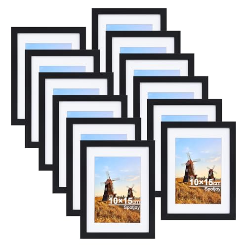 Spotjoy Bilderrahmen 10x15 cm 12er Set Fotorahmen Posterrahmen mit Passepartout Holzrahmen Dokumentenrahmen stabiles MDF-Holz Rahmen mit Acrylglas, Schwarz von Spotjoy