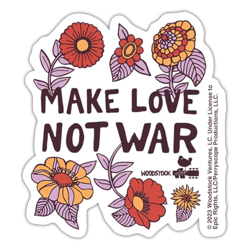 Spreadshirt Woodstock Make Love Not War Mit Blumen Rahmen Sticker, 10 x 10 cm, Mattweiß von Spreadshirt