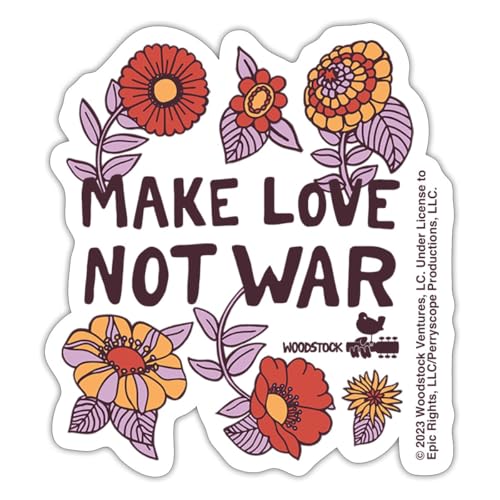 Spreadshirt Woodstock Make Love Not War Mit Blumen Rahmen Sticker, max. 10 x 10 cm, 10 x 10 cm, Mattweiß von Spreadshirt
