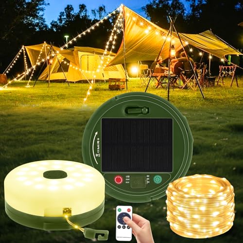 Sprifityy 10M Camping Lichterkette Aufrollbar, Solar und USB Aufladung LED Lichterkette mit 8 Beleuchtungsmodi, Fernbedienung, Wasserdicht Outdoor Campinglampe für Zelt, Hof Dekoration, Party, Wandern von Sprifityy