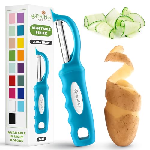 Spring Chef Premium Schwenkbarer Gemüseschäler, bequemer Griff und ultrascharfe Edelstahlklingen – perfekter Küchenschäler für Gemüse, Obst, Kartoffeln, Karotten, Apfel – Blaugrün von Spring Chef