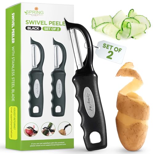 Spring Chef Premium Schwenkbarer Gemüseschäler, weicher Griff und ultrascharfe Edelstahlklingen, perfekter Küchenschäler für Gemüse, Obst, Kartoffel, Karotte, Apfel, Schwarz, 2 Stück Spring Chef Premium Schwenkbarer Gemüseschäler, weicher Griff und ultrascharfe Edelstahlklingen, perfekter Küchenschäler für Gemüse, Obst, Kartoffel, Karotte, Apfel, Schwarz, 2 Stück von Spring Chef