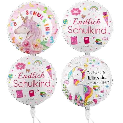 4 Schulanfang Folienballon, Einschulung Mädchen Deko, Endlich Schulkind Helium Ballon, Einhorn ABC Schulstart Folien ballons, Schuleinführung Folien Luftballon, Schule Kindergarten Ballon for Child von Sprinlot