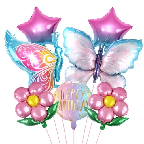 7 Stück Schmetterling Folienballon, XXL Bunt Schmetterlinge Themenballon, süße Blumen Helium Ballon, Happy Birthday Blumen Stern Luftballons für Mädchen Kinder Geburtstag Jubiläum Motto Party von Sprinlot