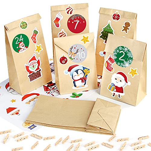 Adventskalender zum Befüllen Papiertüten, 25 Weihnachtskalender Kraftpapiertüten mit Zahlen Aufkleber, DIY Adventskalender Tüten Weihnachten, Adventskalender Selber Basteln von Sprinlot