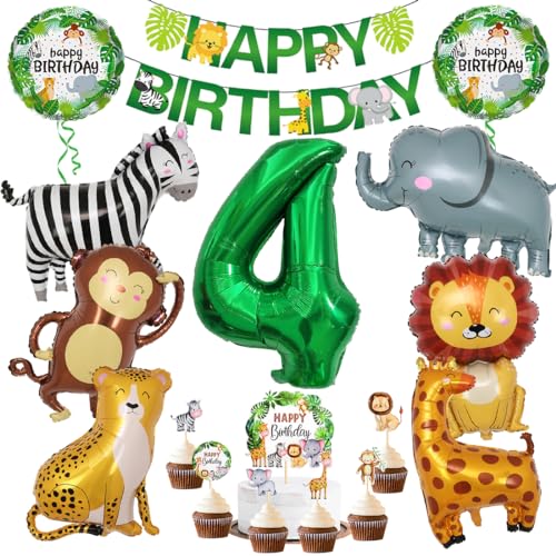 Dschungel Deko 4 Geburtstag, 4 jahr Kinder Geburtstagsdeko, Safari Tiere Folienballon 4, 17 Stück Wild Party Geburtstags Dekoration, Waldtiere Grüner Luftballon für Mädchen Junge Kinder Geburtstag von Sprinlot