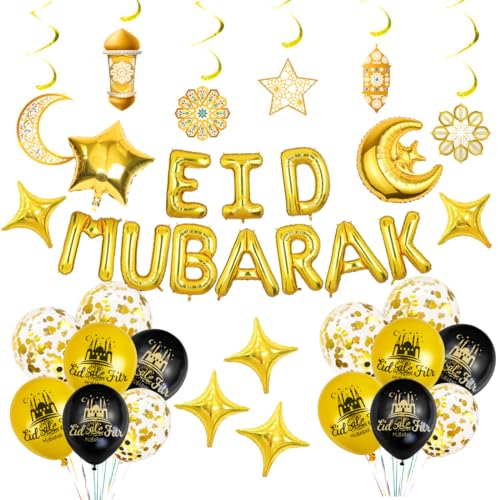Eid Mubarak Dekoration Schwarze Gold, Ramadan Luftballon, Mond Stern Folienballon, Eid Al-Fitr Latex Ballons, Eid Mubarak Ramadan Kareem Feier Party Hanging Swirl Dekoration Eid Mubarak Dekoration Schwarze Gold, Ramadan Luftballon, Mond Stern Folienballon, Eid Al-Fitr Latex Ballons, Eid Mubarak Ramadan Kareem Feier Party Hanging Swirl Dekoration von Sprinlot