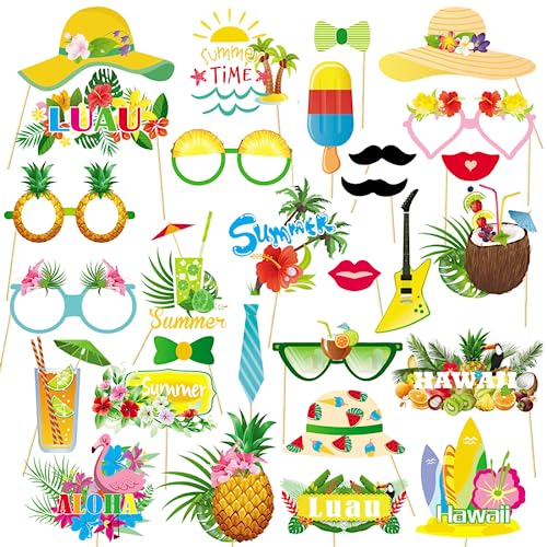 Sprinlot Fotobox Requisiten Hawaii, 29 Stück Hawaii Foto Booth Props, Luau Party Fotorequisite, Foto Accessoires Party für Sommer Strand Geburtstag von Sprinlot