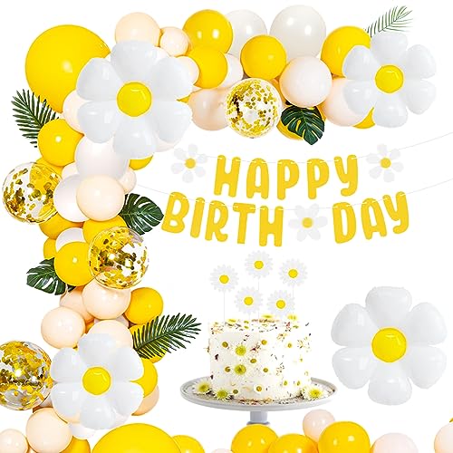 Gänseblümchen Geburtstag Luftballons Set, XXL Gänseblümchen Folienballons mit Happy Birthday Girlande, Blume Party Kindergeburtstag, Ballons Weiße Gelb für Hochzeit Baby Shower Geburtstag Mädchen von Sprinlot