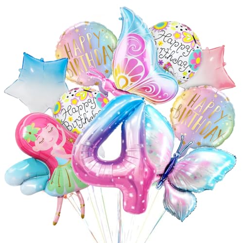 Geburtstag Deko Schmetterling, Bunt Schmetterling Folienballon, 4 Jahre Geburtstagsdeko, Zahl 4 Rosa Mädchen Ballon, Luftballon 4. Geburtstag Mädchen für Kinder Schmetterling Themen Geburtstag Party von Sprinlot