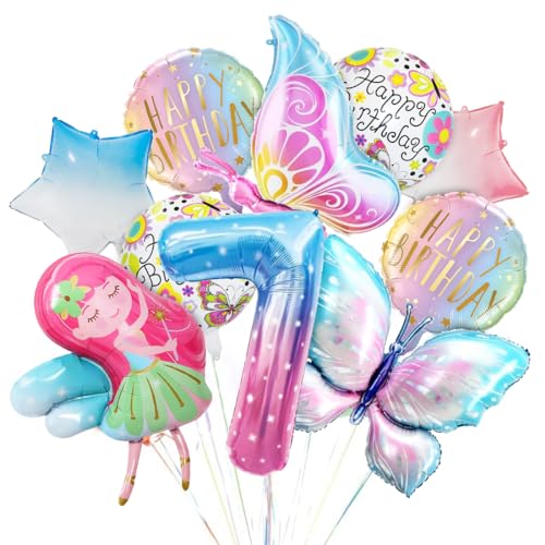 Geburtstag Deko Schmetterling, Bunt Schmetterling Folienballon, 7 Jahre Geburtstagsdeko, Zahl 7 Rosa Mädchen Ballon, Luftballon 7. Geburtstag Mädchen für Kinder Schmetterling Themen Geburtstag Party von Sprinlot