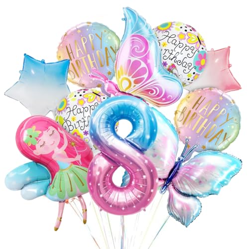 Geburtstag Deko Schmetterling, Bunt Schmetterling Folienballon, 8 Jahre Geburtstagsdeko, Zahl 8 Rosa Mädchen Ballon, Luftballon 8. Geburtstag Mädchen für Kinder Schmetterling Themen Geburtstag Party von Sprinlot