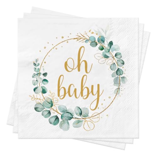 Sprinlot 40 Stück Servietten Babyparty, Oh Baby Servietten Taufe Servietten Kommunion Jungen Mädchen Servietten Konfirmation Eukalyptus Deko, Partyservietten für Babyparty Baby Shower Taufe Tischdeko von Sprinlot
