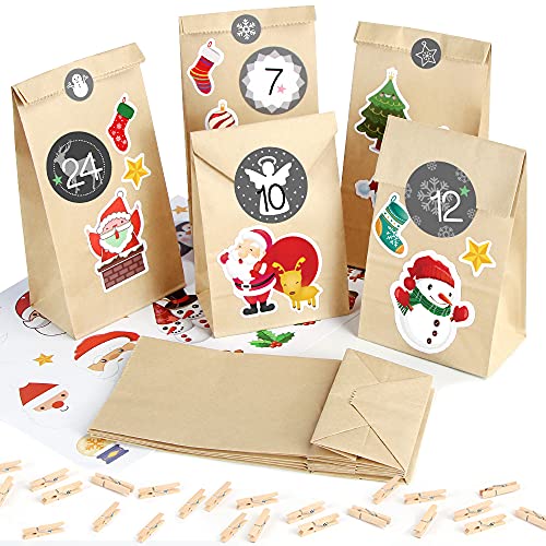 Sprinlot Adventskalender zum Befüllen Papiertüten, 25 Weihnachtskalender Kraftpapiertüten mit Zahlen Aufkleber, DIY Adventskalender Tüten Weihnachten, Adventskalender Selber Basteln von Sprinlot