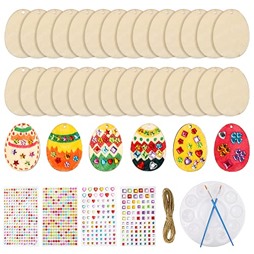 Sprinlot Ostern Basteln Holz, 60 Ostern Eier Holzscheiben, Ostern Anhänger Holzschild, Unvollendete Bastelset Kinder Ostern, Osterschmuck mit Loch Hanfseil Strass Selbstklebend Holzanhänger Frühling von Sprinlot