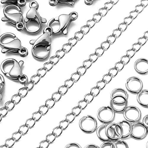 Spritewelry 10 m Edelstahl-Gliederkette mit 30 Karabinerverschlüssen und 100 Binderinge für Halsketten, Armbänder, Schmuckzubehör, Basteln von Spritewelry