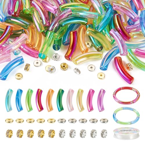 Spritewelry 100 Stück gebogene Acryl-Perlen, Nudel-Abstandshalter, Bambusperlen mit Strass-Perlen, Scheibe, Abstandshalter, elastischer Faden für DIY-Armbänder, Schmuckherstellung von Spritewelry