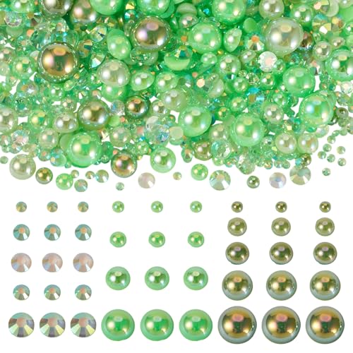 Spritewelry 100 g gemischte flache Perlen und Strasssteine, Cabochons, 3–9 mm, Kunststoff-Strasssteine, Halbperlen zum Basteln, Scrapbooking, Nagelkunst, Handyhüllen, DIY-Schmuckherstellung, Rasengrün von Spritewelry