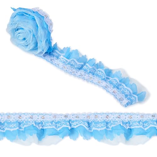 Spritewelry 2-lagiges Satin-Organza-Spitzenband, plissiert, Chiffon-Spitzenband für Braut, Hochzeit, Basteln, Nähen, Kostüm, Applikation, Dekoration, 50 mm, Blau von Spritewelry