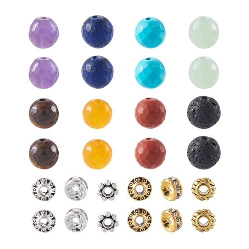 Spritewelry 285 Stück, 14 Stile, 8 mm, natürliche, gemischte facettierte runde Edelsteinperlen mit Rondelle-Blumen-Metall-Abstandshalter für DIY-Schmuckherstellung, Zubehör von Spritewelry