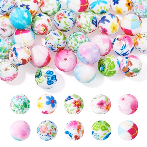 Spritewelry 30 Stück 15 mm Silikonperlen mit Blumenmuster, rund, Silikonperlen, Blume, Gummi, lose Abstandshalter, Kugeln für DIY-Stifte, Schlüsselbänder, Armbänder, Schmuckherstellung von Spritewelry
