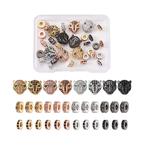 Spritewelry 32 Stück Leopardenkopf Perlen & flache runde Messing Strass Spacer Perlen großes Loch Cubic Zirkonia Spacer Connector Charm für Armband Halskette Ohrringe Schmuckherstellung von Spritewelry