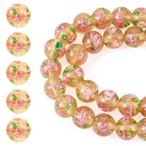 Spritewelry 40 Stück/Strang, handgefertigt, Goldsand, Lampwork-Perlen, runde Abstandshalter, lose Perlen mit Blume für DIY-Armbänder, Halsketten, Schmuckherstellung, 10 mm, Gold Spritewelry 40 Stück/Strang, handgefertigt, Goldsand, Lampwork-Perlen, runde Abstandshalter, lose Perlen mit Blume für DIY-Armbänder, Halsketten, Schmuckherstellung, 10 mm, Gold von Spritewelry