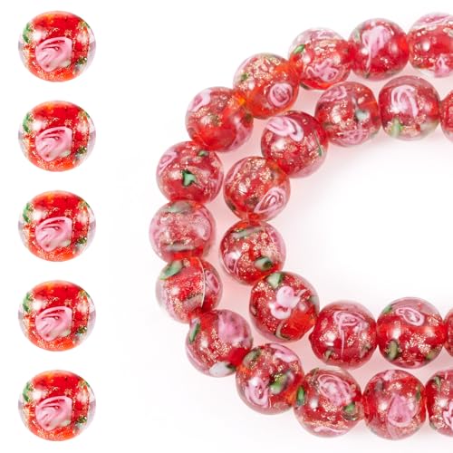 Spritewelry 40 Stück/Strang, handgefertigt, Goldsand, Lampwork-Perlen, runde Abstandshalter, lose Perlen mit Blume für DIY-Armbänder, Halsketten, Schmuckherstellung, 10 mm Schamottstein von Spritewelry