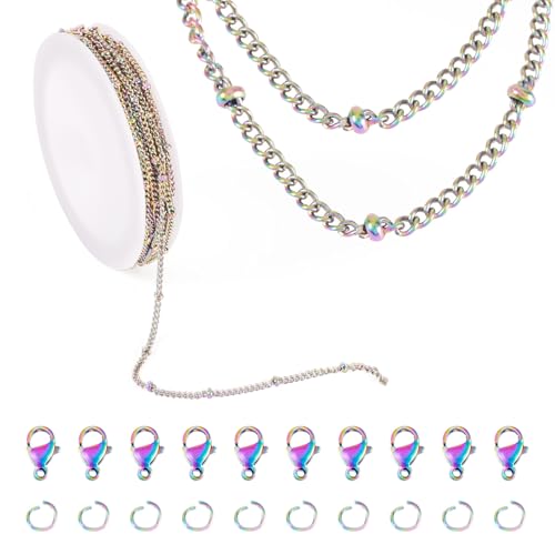 Spritewelry 5 m Edelstahlkette Regenbogen-Satelliten-Halskette Armband Bastelset mit 16 Karabinerverschlüssen und 30 Biegeringe für Männer und Frauen von Spritewelry