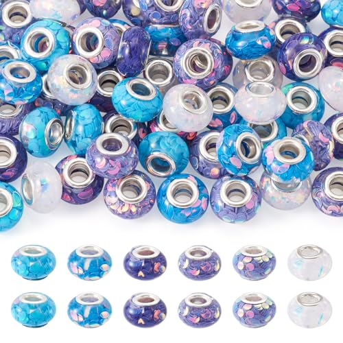 Spritewelry 60 Stück europäische Perlen mit großem Loch, blau, lila, Pailletten, Kunstharz, Rondelle, Abstandshalter für Armband, Halskette, Ohrringe, Schmuckherstellung Spritewelry 60 Stück europäische Perlen mit großem Loch, blau, lila, Pailletten, Kunstharz, Rondelle, Abstandshalter für Armband, Halskette, Ohrringe, Schmuckherstellung von Spritewelry