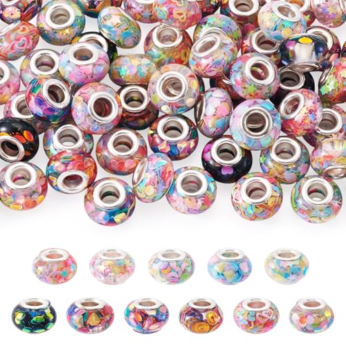 Spritewelry 66 Stück große Löcher, europäische Perlen, bunte Pailletten, Kunstharz, Rondelle, Abstandshalter, Perlen für DIY-Armbänder, Halsketten, Ohrringe, Schmuckherstellung von Spritewelry
