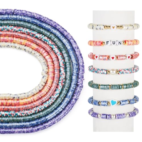 Spritewelry 7 Stränge Polymer-Ton-Perlen, Stränge, grüne Perlglanz-Ton-Perlen, bunte Scheiben, violette, flache runde Perlen, blaue Heishi-Perlen für Armband, Halskette, DIY-Schmuckherstellung, 7 von Spritewelry