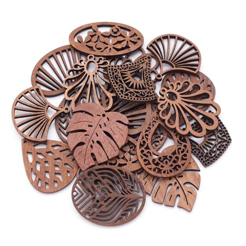 Spritewelry 80-teiliges Set aus natürlichem Walnussholz, lasergeschnitten, oval, Muschelblatt, Tropfenform, Drachenblume, filigrane Holzanhänger mit Biegering und Ohrringhaken für Boho-Ohrringe, von Spritewelry