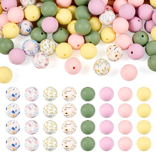 Spritewelry Bunte runde Silikonperlen mit Blumenmuster, 15 mm, 80 Stück, Abstandshalter für Bastelarbeiten, Stifte, Schlüsselbänder, Armbänder, Schmuckherstellung von Spritewelry