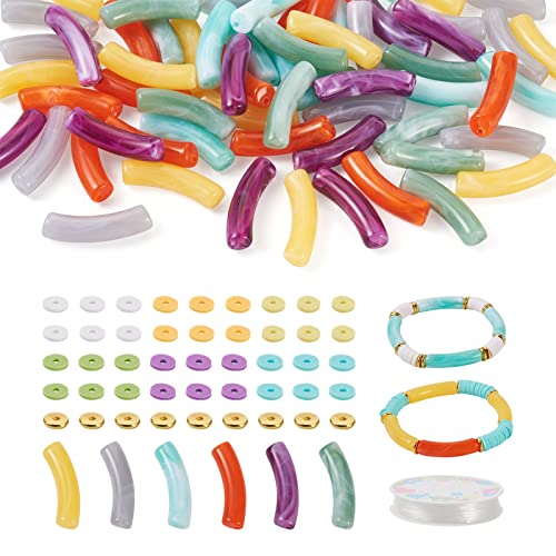 Spritewelry Chunky Curved Tube Beads Bracelet Making Kit Acrylic Bamboo Tube Nudle Beads with Flat Polymer Clay Disc Spacer Elastic Thread von Spritewelry