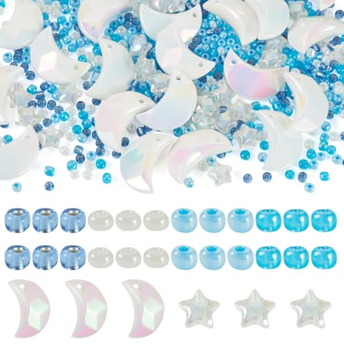 Spritewelry DIY Perlen Armbänder Kits 60 g Glas-Rocailles 20 Stück Regenbogen schillernde Acryl-Mond-Anhänger 25 Stück Acryl-Sternperlen für DIY Schmuckherstellung Armband Halskette Hellblau von Spritewelry