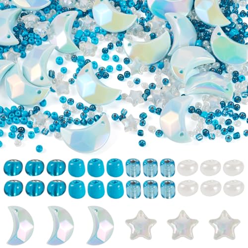 Spritewelry DIY-Perlenarmband-Set, 60 g, blaue Glas-Rocailles, 20 Stück, Regenbogen-schillernde Acryl-Mond-Anhänger, 25 Stück Acryl-Sternperlen für DIY-Schmuckherstellung, Armband, Halskette Spritewelry DIY-Perlenarmband-Set, 60 g, blaue Glas-Rocailles, 20 Stück, Regenbogen-schillernde Acryl-Mond-Anhänger, 25 Stück Acryl-Sternperlen für DIY-Schmuckherstellung, Armband, Halskette von Spritewelry
