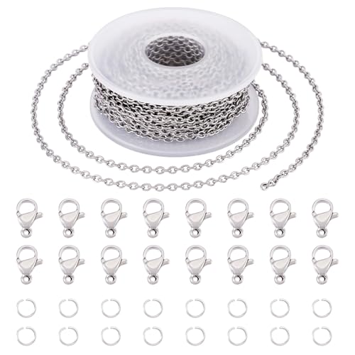 Spritewelry Edelstahl-Kabelkette, gelötet, für Halsketten, Armbänder, 20 Karabinerverschlüsse und 50 Biegeringe für Bastelarbeiten, Schmuckherstellung, 1,8 m von Spritewelry