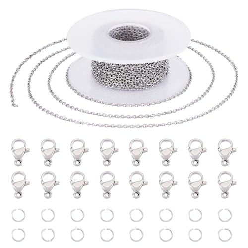 Spritewelry Edelstahl-Kabelkette, gelötet, für Halsketten, Armbänder, 20 Karabinerverschlüsse und 50 Biegeringe für die Schmuckherstellung, 1,8 m von Spritewelry