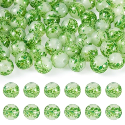 Spritewelry Handgefertigte Sandperlen mit grünem Blumenmuster, runde Kugeln, lose Abstandshalter für Armbänder, Schmuckherstellung, 50 Stück von Spritewelry