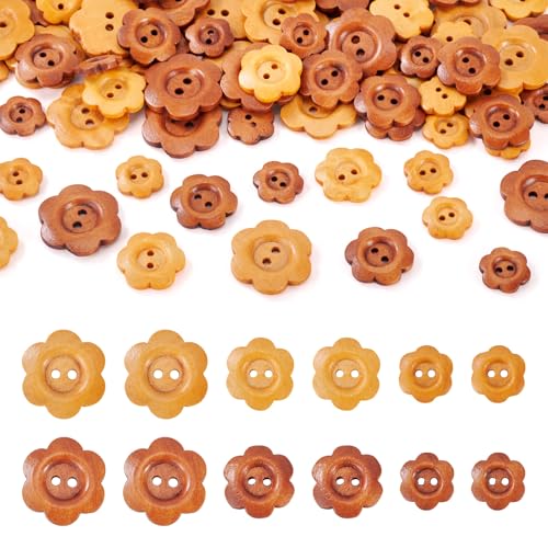 Spritewelry Holzknöpfe mit 2 Löchern, Blumenmuster, zum Nähen, Kleidung, Scrapbooking, Basteln, Dekorationen, 15 mm, 20 mm, 25 mm, 90 Stück von Spritewelry