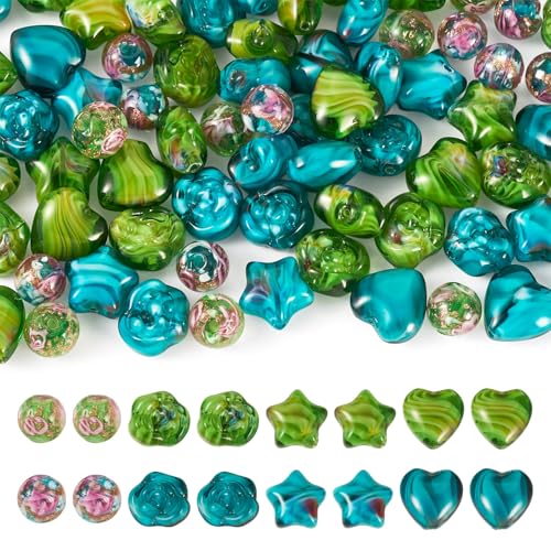 Spritewelry Millefiori Lampwork-Perlen, Stern, Herz, Rose, Blume, runde Glasperlen für Bastelarbeiten, Armbänder, Ohrringe, Schmuckherstellung, Cyangrün, 80 Stück Spritewelry Millefiori Lampwork-Perlen, Stern, Herz, Rose, Blume, runde Glasperlen für Bastelarbeiten, Armbänder, Ohrringe, Schmuckherstellung, Cyangrün, 80 Stück von Spritewelry