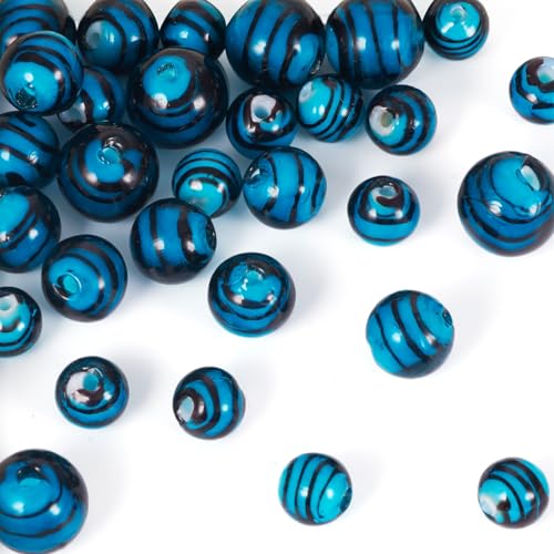 Spritewelry Runde Lampwork-Perlen, 8/10/12 mm, glatte Glasperlen, Abstandshalter, 32 Stück, Türkis, handgefertigt, runde Streifenmuster, Perlen für Schmuckherstellung von Spritewelry