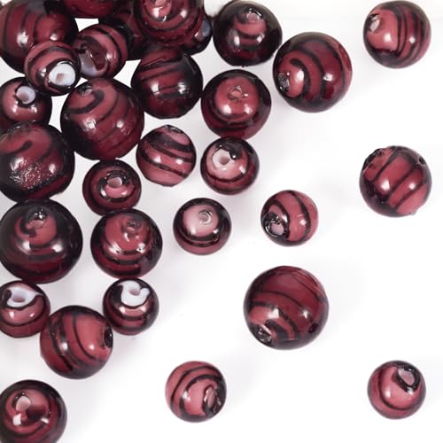 Spritewelry Runde Lampwork-Perlen, 8/10/12 mm, glatte Glasperlen, Abstandshalter, 32 Stück, rot, handgefertigt, runde Streifenmuster, Perlen für Schmuckherstellung von Spritewelry