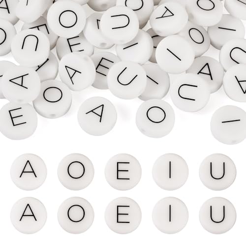 Spritewelry Silikon-Buchstabenperlen, weiß, flach, rund, Buchstabe A, E, I, O, U, Vokalperlen, Alphabet-Abstandshalter für DIY-Armbänder, Halsketten, Ohrringe, Schmuckherstellung, 50 Stück von Spritewelry
