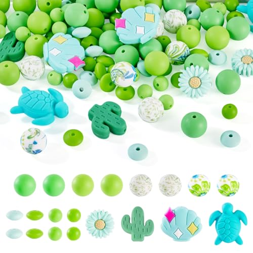 Spritewelry Silikonperlen, Schildkröte, Muschel, Kaktus, Gänseblümchen, rund, rund, Gummi, lose Abstandshalter für DIY, Schlüsselanhänger, Schlüsselband, Schmuckherstellung, Grün, 108 Stück Spritewelry Silikonperlen, Schildkröte, Muschel, Kaktus, Gänseblümchen, rund, rund, Gummi, lose Abstandshalter für DIY, Schlüsselanhänger, Schlüsselband, Schmuckherstellung, Grün, 108 Stück von Spritewelry