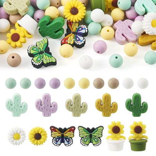 Spritewelry Silikonperlen, Sonnenblume, Gänseblümchen, Kaktus, Schmetterling, Gummi, runde lose Abstandshalter, Kugeln für DIY-Schlüsselanhänger, Schlüsselband, Schmuckherstellung, 72 Stück Spritewelry Silikonperlen, Sonnenblume, Gänseblümchen, Kaktus, Schmetterling, Gummi, runde lose Abstandshalter, Kugeln für DIY-Schlüsselanhänger, Schlüsselband, Schmuckherstellung, 72 Stück von Spritewelry
