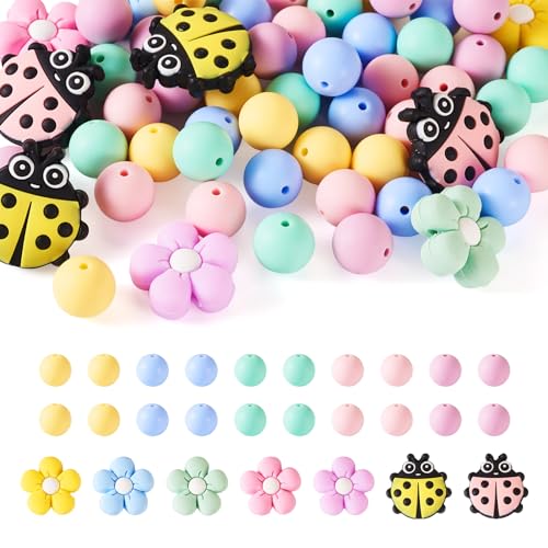 Spritewelry Silikonperlen, bunte Blumen, Marienkäfer, runde Gummiperlen, lose Abstandshalter, Kugeln für Bastelarbeiten, Schlüsselanhänger, Schlüsselband, Schmuckherstellung, 59 Stück von Spritewelry
